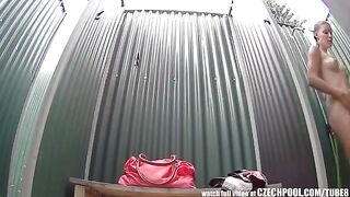 A girl takes a shower and suddenly a camera appears to spy on her