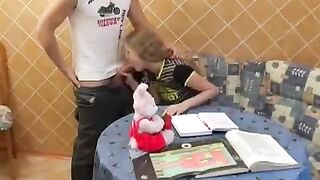 Instead of lessons, a cute schoolgirl is getting fucked in the kitchen