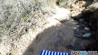 A girl with big natural boobs has sex with a guy straight in nature
