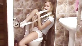Public toilet surprise with a young and juicy blonde