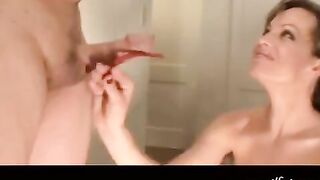 Pretty woman sucks cock with great force, beautiful breasts shake