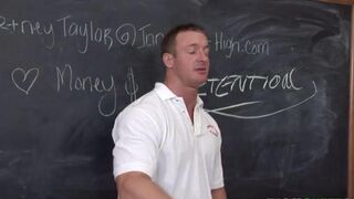 A student is having fun with a teacher right in the office