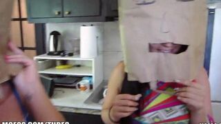Girls wear on their heads shopping bags and try to fuck with guys