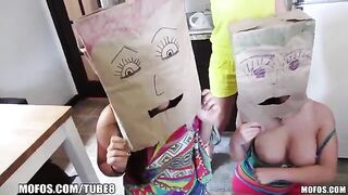Girls wear on their heads shopping bags and try to fuck with guys