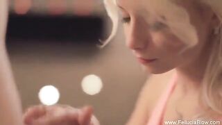 Blonde beauty performs her first blowjob in the studio, looking sexy