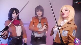 Cosplay threesome with Mikasa, Sasha, and Historia in wet pussy action and close-up finishing - CUT version