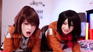 Cosplay threesome with Mikasa, Sasha, and Historia in wet pussy action and close-up finishing - CUT version