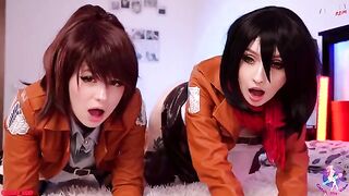 Cosplay threesome with Mikasa, Sasha, and Historia in wet pussy action and close-up finishing - CUT version