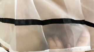 Schoolgirl Cosplay with HandJob and FootJob action, featuring an amateur slut in stockings