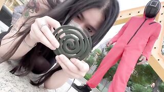 Asian woman plays a twisted version of Squid Game with her lover in a pool