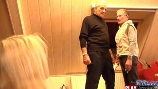 A young blonde has sex with her bearded older partner