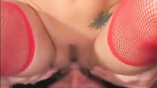 Chick in linen in a net sat on her face, showcasing intense passion