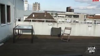 Sex on the roof with a beautiful brunette and her big natural boobs