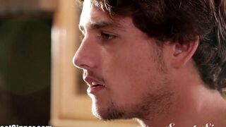 A cute brunette girl made a blowjob right in the bedroom