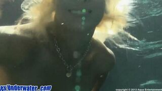 Blonde girl does blowjob underwater in the hot tub