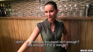 A beautiful girl bartender agreed to fuck with a man