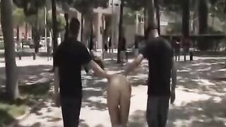 Group sex in public place with three guys and a girl who loves to fuck