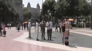 Group sex in public place with three guys and a girl who loves to fuck