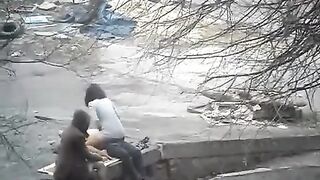 A young couple engaged in public sex on the street, captured in a daring shot