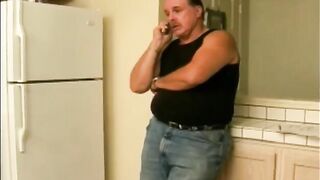 An aged slut swallows the sperm of her young lover in the kitchen