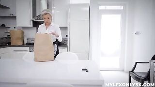 The girl is getting a little excited with the maid in stockings