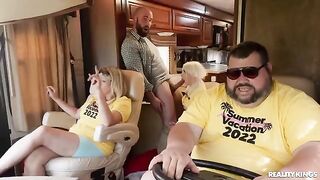 A blonde is having fun with a stranger in the car