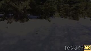 A hot woman is having fun with her husband on the sled by the fireplace