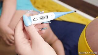 A girl with big natural boobs is confined to bed and craves action