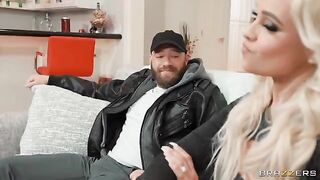 A girl in high heels is fucking with her husband on the couch