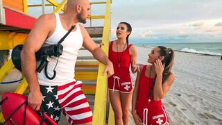 Two horny lifeguards fucked by a girl in an FFM threesome