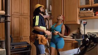 A role play with a girl in a uniform in the kitchen, ending happily