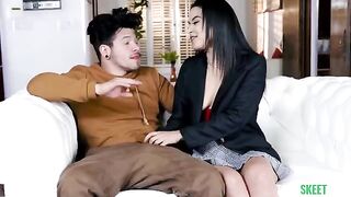 The girl next door is jerking your cock and sucking it well