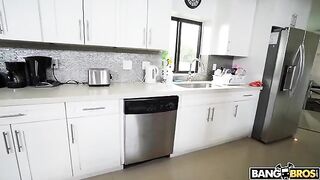 A mature woman is cleaning the house completely naked