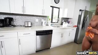 A mature woman is cleaning the house completely naked