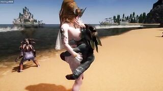 A goddess is having fun with goblins on the beach