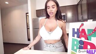 Pervert stepson receives a sex toy and birthday sex with busty stepmom Victoria June