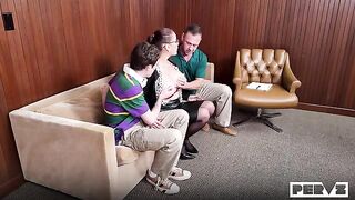 A girl solved her problems by sitting on a comfortable couch