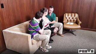 A girl solved her problems by sitting on a comfortable couch