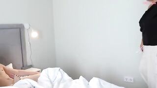A cute 18 y.o. girl bounces on a big mom’s boobs