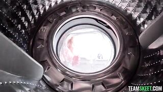 A blonde was helped with vibration from a malfunctioning washing machine