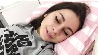 A girl with big boobs caresses her boyfriend’s pumped up body