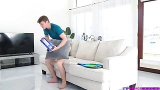 Tenderly sex with a cute brunette on the couch