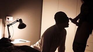 Femdom with a man using a strapon, hands-free cumshot