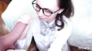 Russian girl with glasses gets her face smeared with cum