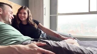 The girl is too dressed up, so the guy undresses her in an intense scene
