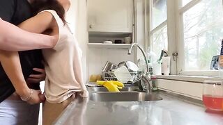 Busty mom gets fucked in the kitchen, a real homemade scene