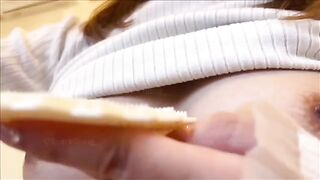 A girl with big nipples masturbates herself, showing her exclusive technique
