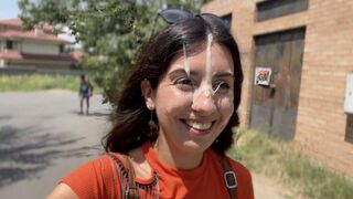 A sexy girl is begging for a huge cum shot on her face during a risky public session