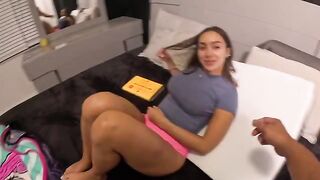 Classic scene of two people facing each other with a cock in the pussy