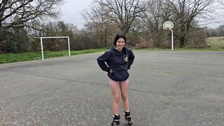 A cute girl has sex with her neighbor in the forest, showcasing risky outdoor encounters